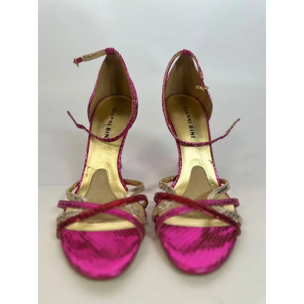 Gianni Bini Fuchsia Metallic Sandals Size 7 Snake Embossed Stiletto Heels